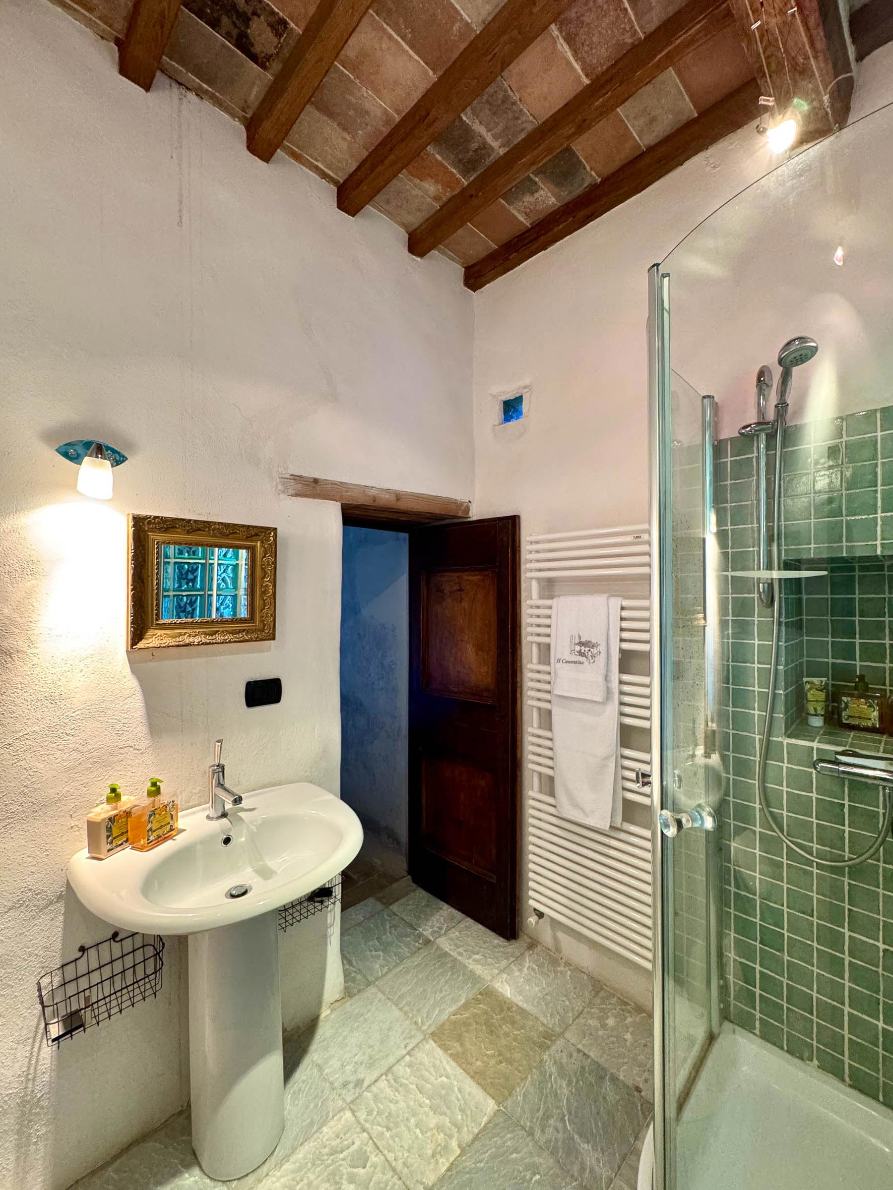 Bathroom with a glass-enclosed shower lined in green tiles, white pedestal sink with a small gilt-framed mirror, blue wooden door