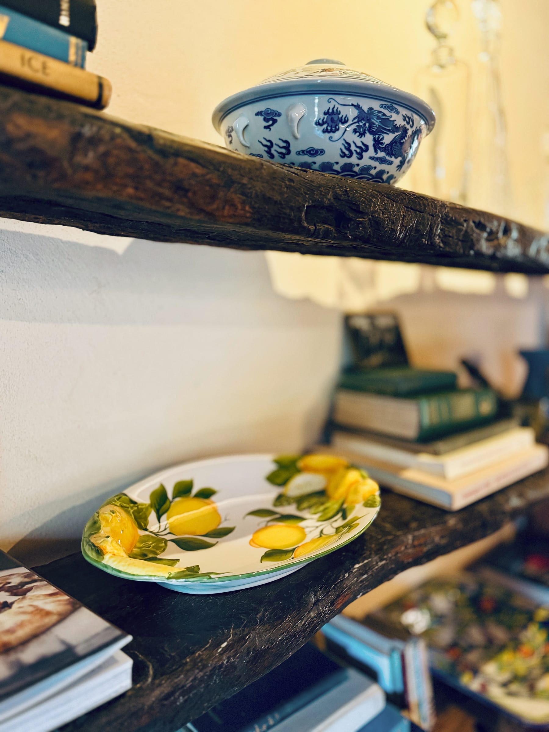 Painted lemon plate and a blue-and-white lidded bowl among stacked books on rough timber shelves